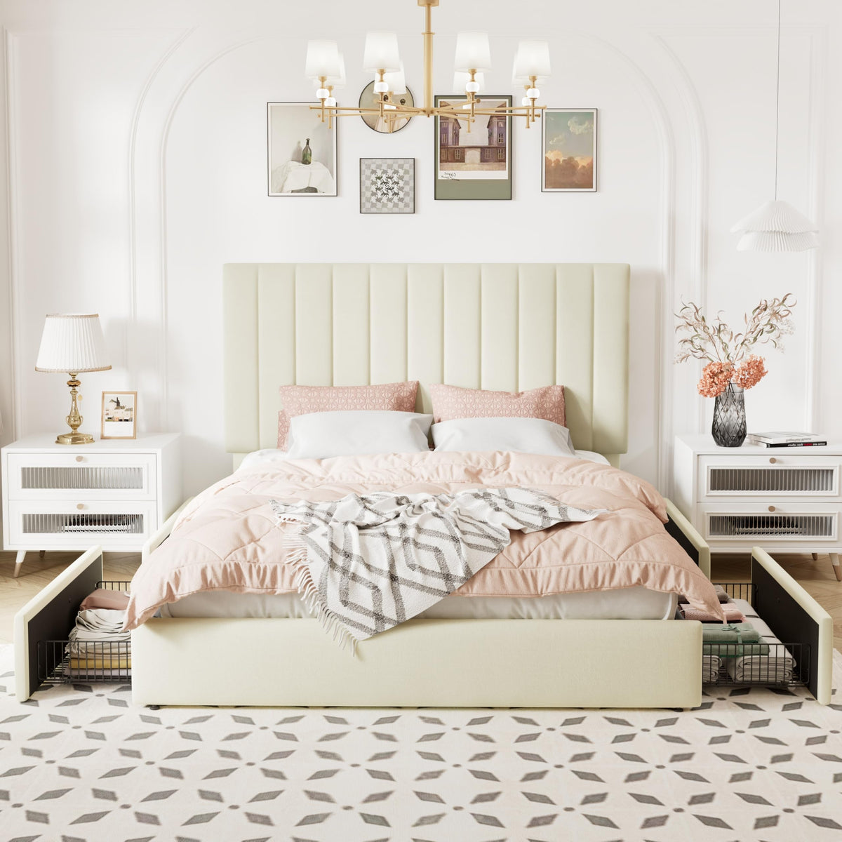 Full Size Storage Bed Frame, Vertical Channel Tufted Adjustable Headboard, Velvet Upholstered Platform Bed with 4