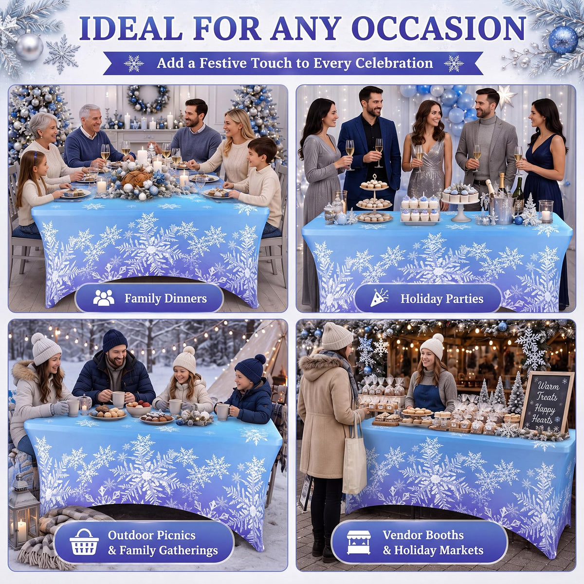 2pcs Winter Snowflake Tablecloth 6ft Blue/Purple Winter Wonderland