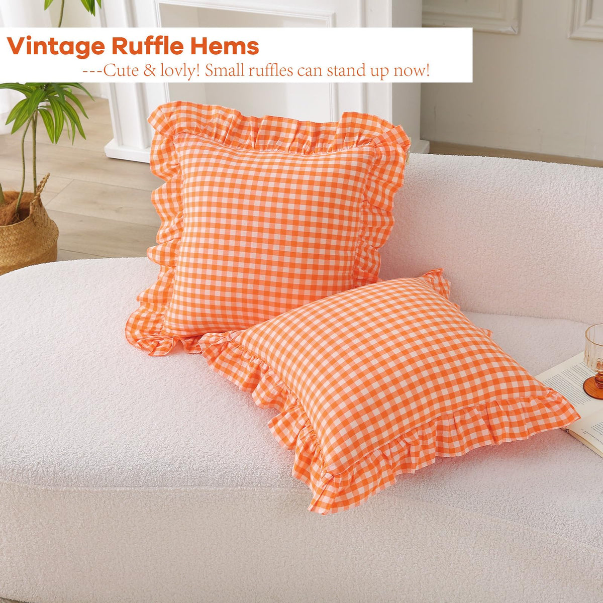 2 Pack Pumpkin Orange Gingham Ruffle Throw Pillow Covers 18"x18"