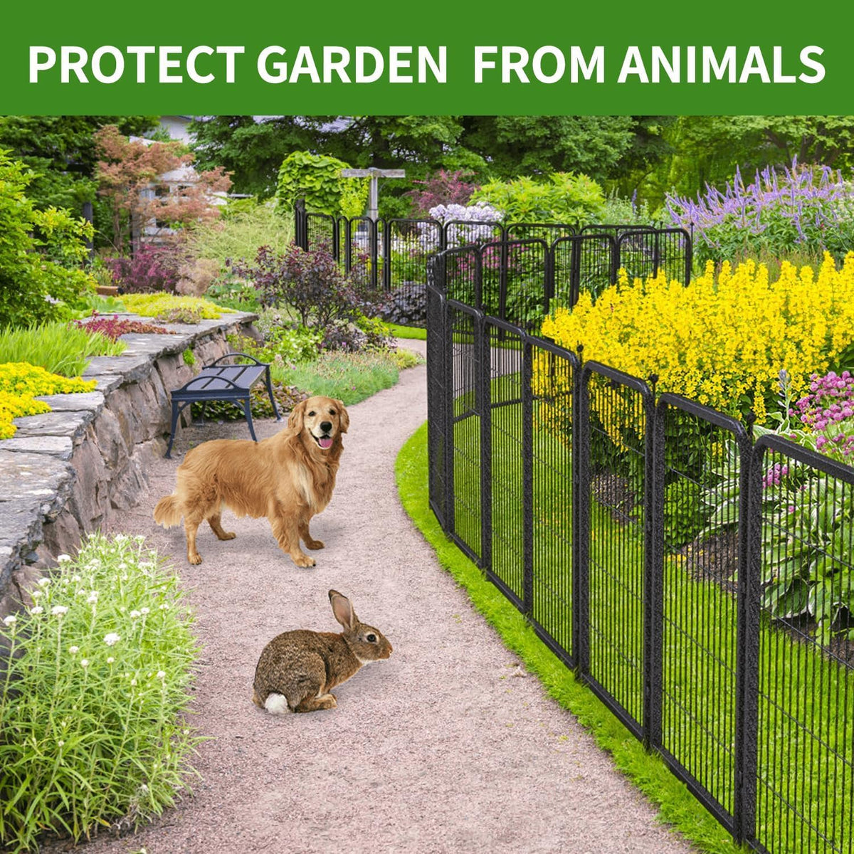 Decorative Garden Metal Fence 31.4ft (L)×24in (H) with 14 Panels 2 Gate Outdoor, No Dig Rustproof Wire, Animal