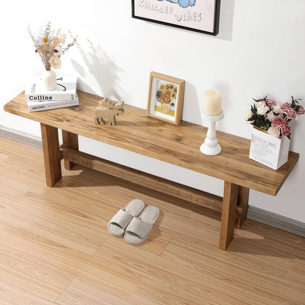 Reclaimed Solid Wood Bench, 55" Farmhouse Entryway Bench