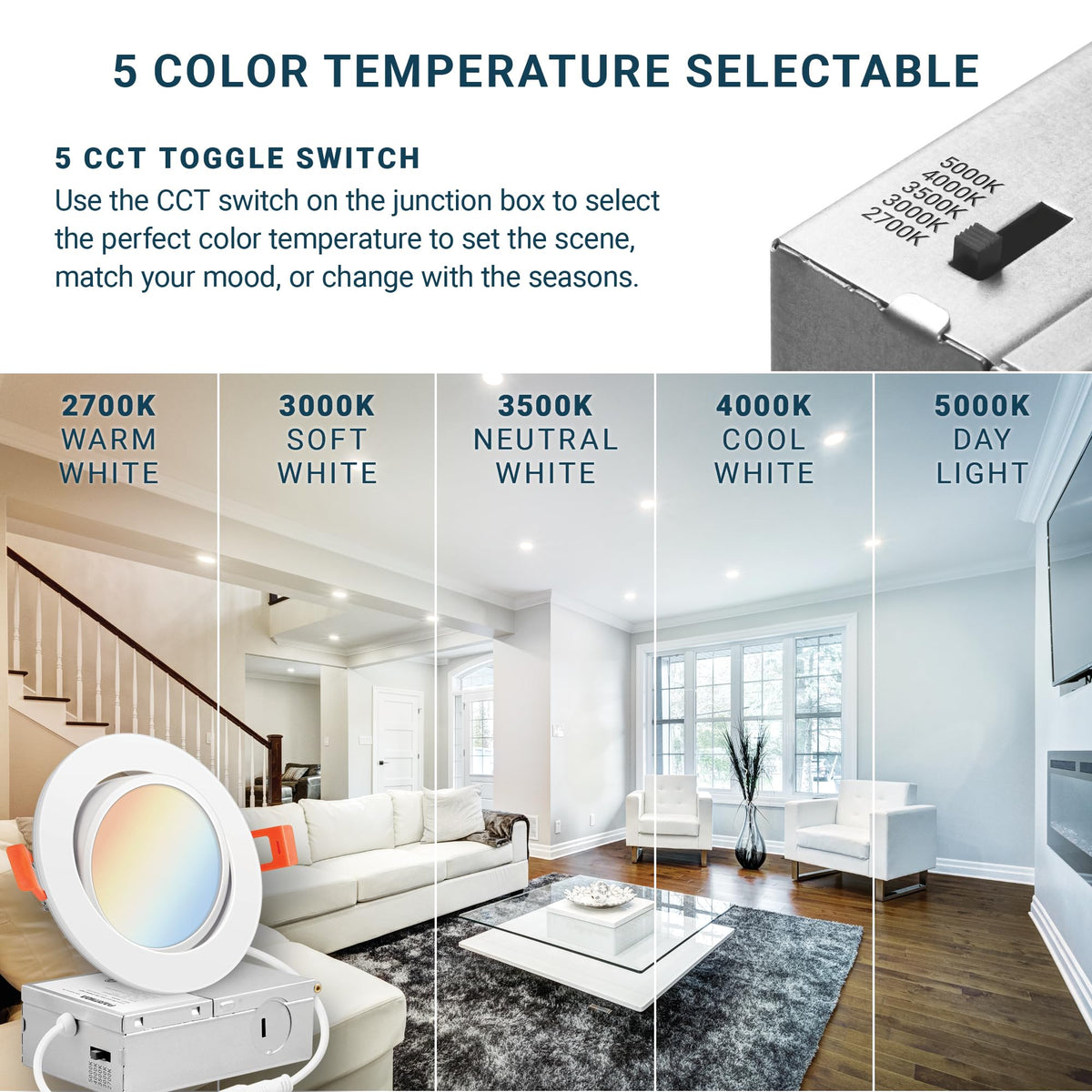 (6 Pack) 4 Inch LED Gimbal 5CCT Recessed Lighting, Directional Adjustable Canless Ceiling Light with J-Box