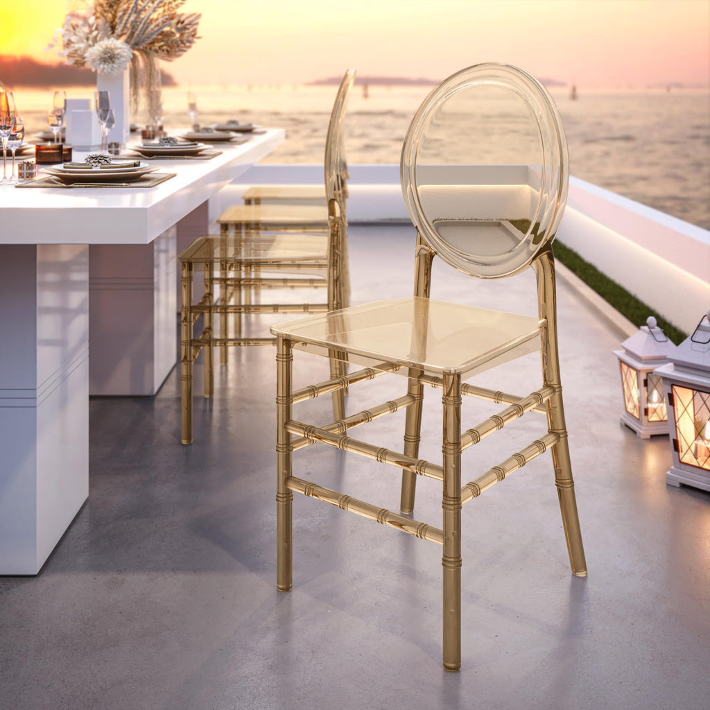 Chiavari Ghost Chairs, Stackable Acrylic, Modern, Set of 2, Amber
