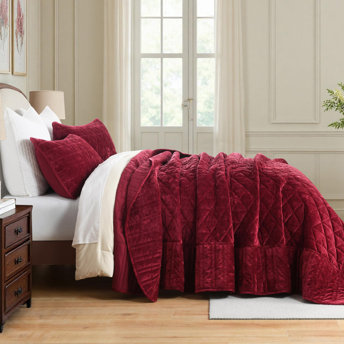 Burgundy Velvet Quilt, Comforter Set Wine Red Bedding Set (118"*118") with 2