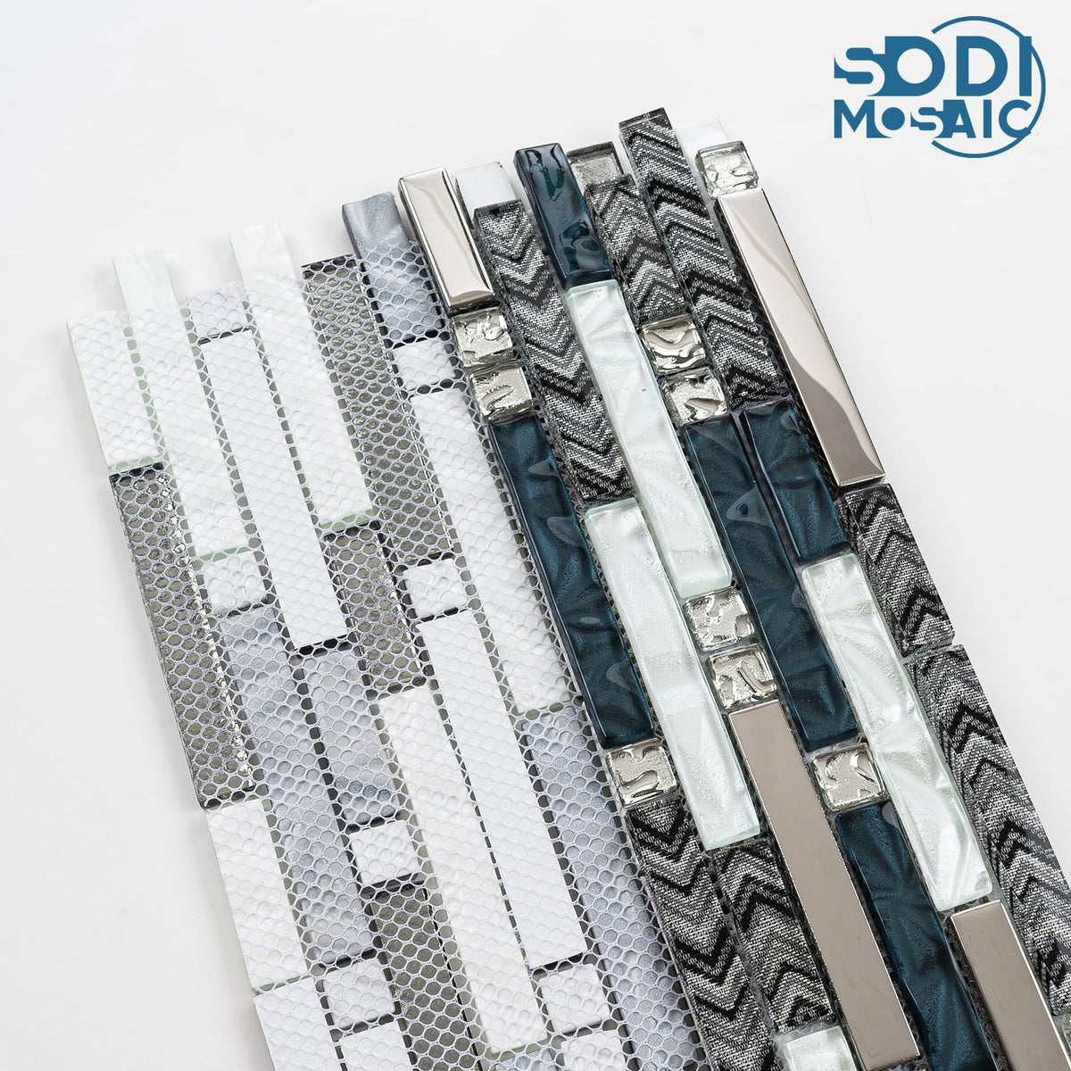 5-Sheet Blue Glass & Metal Mosaic Backsplash Tile - 11.8x11.7 Mixed White Crystal Glass Subway Tiles, Professional