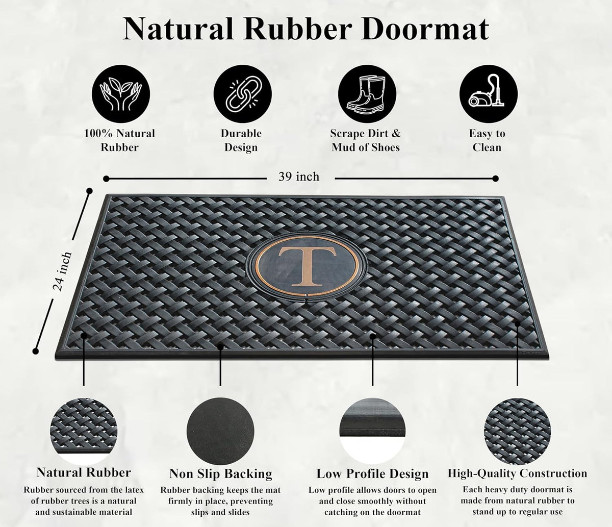 A1HC Natural Rubber Front Door Mat 24x39 inches, Monogrammed Doormat , Heavy Duty Shoe Scraper Welcome Mat for Porch