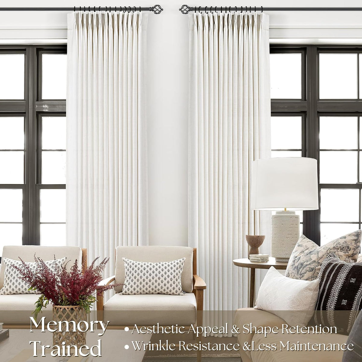 Memory Trained Pinch Pleated Linen Curtains with Hooks Living Room 2 Panels