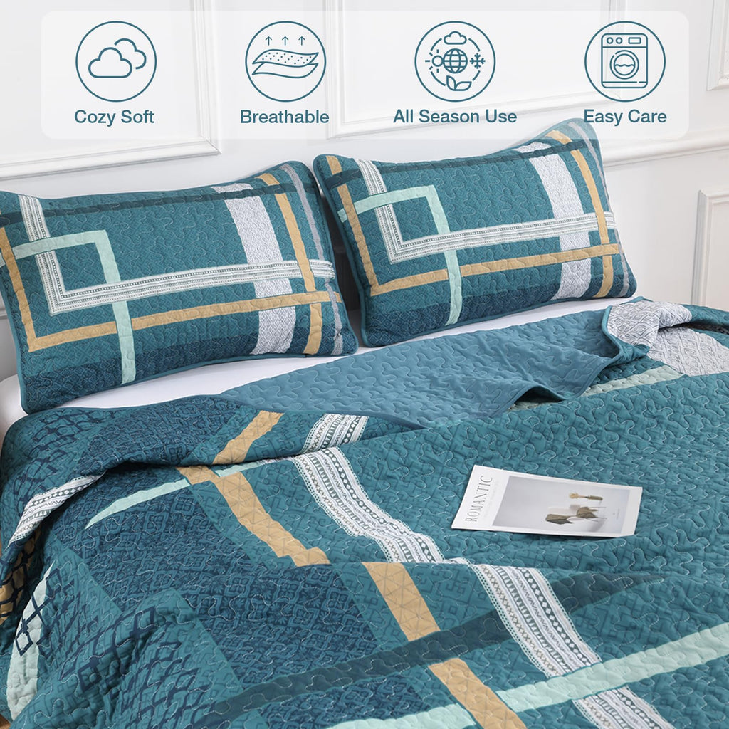 Teal Quilt Set, Boho Pachwork Stripe Bedspread