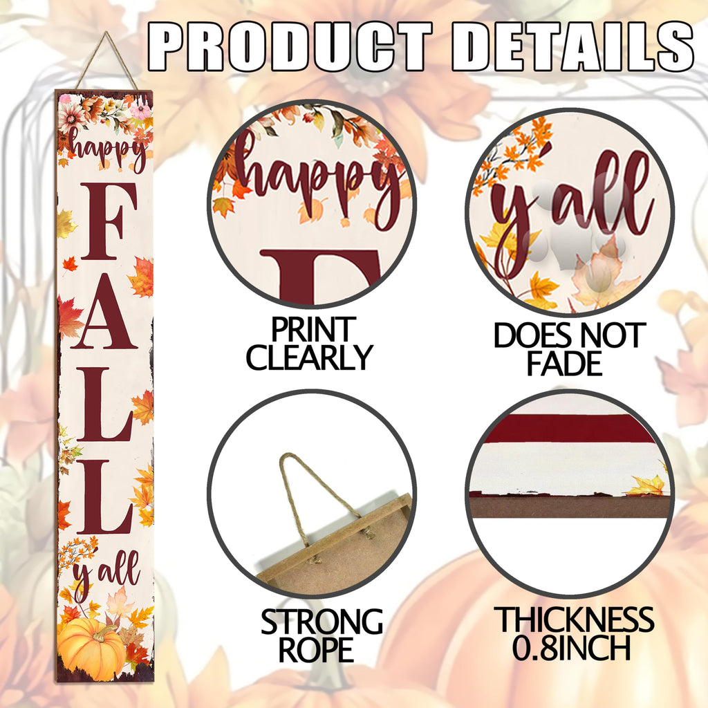 Happy Fall Y'all Porch Sign Retro Maple Leaf Pumpkin Design Front Door Hanging Decorations Indoor Outdoor Large