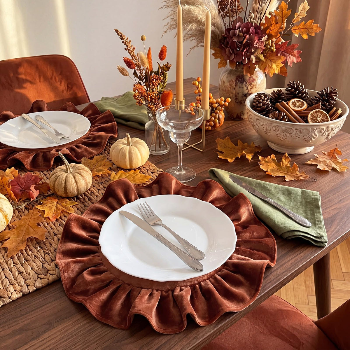 Fall Velvet Round Placemats Set of 6 Terracotta Ruffled Table Mat