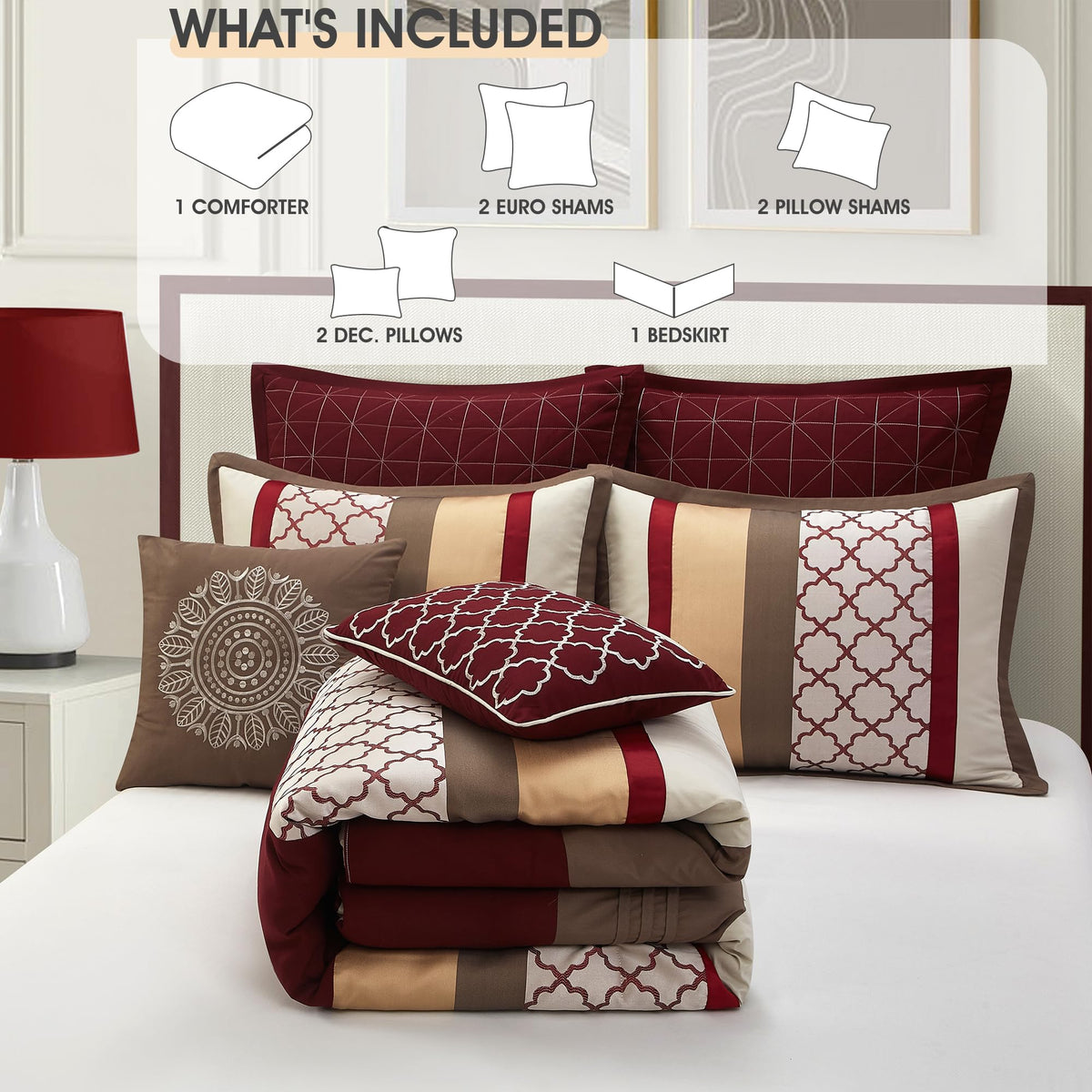 Comforter Set, Berry Taupe Bedding Set, Jacquard Woven with Embroidery, 8 Pieces Bed in a Bag, Bed Skirt, Shams