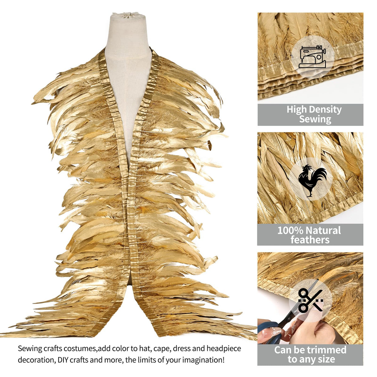 Rooster Coque Tail Feathers Trim 8-10inch 2Yard Natural Fringe Trim for DIY Sewing Craft Party Clothing Cape Shawl