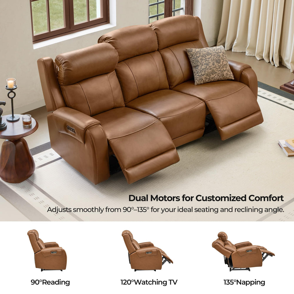 Genuine Leather Power Recliner Sofa, 3 Seater with Console, Saddle