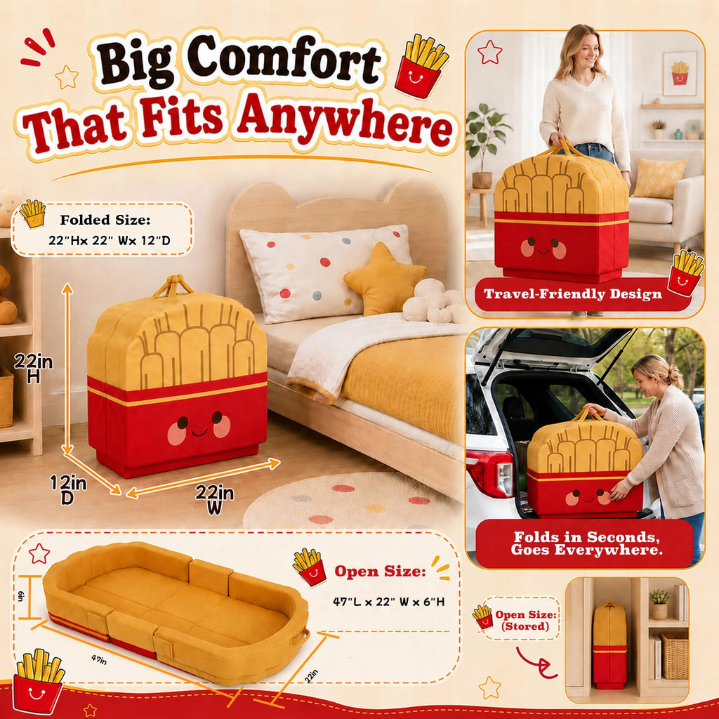Toddler Travel Bed "French Fries" Style with "Ketchup" Pillow - Portable Toddlers Floor Beds, Foldable Soft Foam