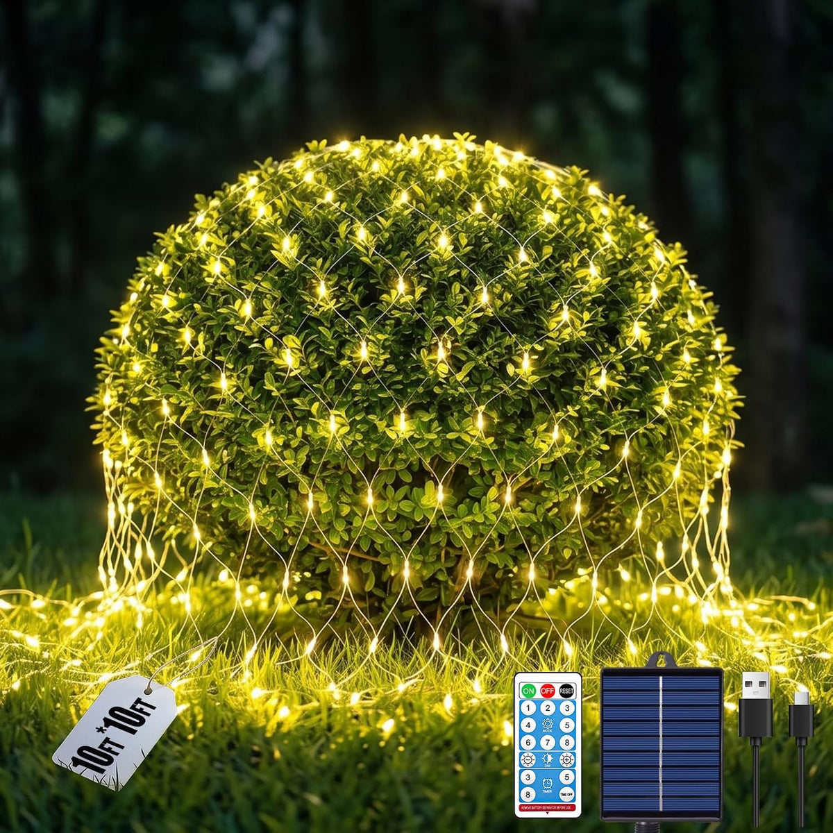 10x10FT Solar Christmas Net Lights Outdoor Waterproof with Remote