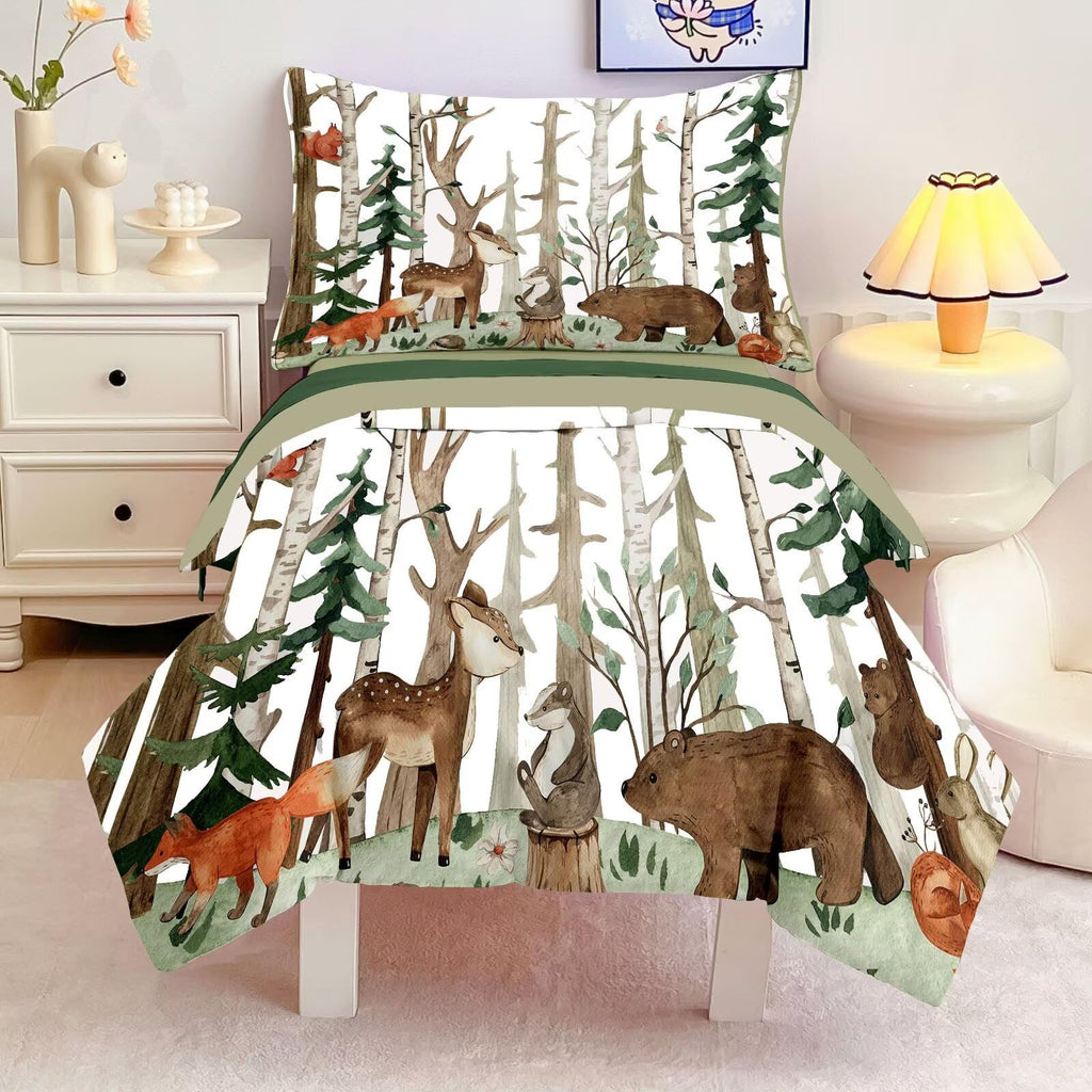 4 Pieces Woodland Animal Toddler Bedding Set, Forest Deer Bear Fox Bed Comforter Set for Boys Girls, Cute Toddler Bed