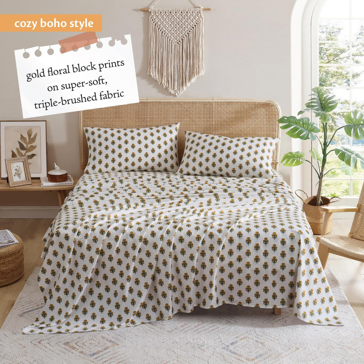 Golden Bloom Flannel 4-Piece Bedding Set, White & Gold