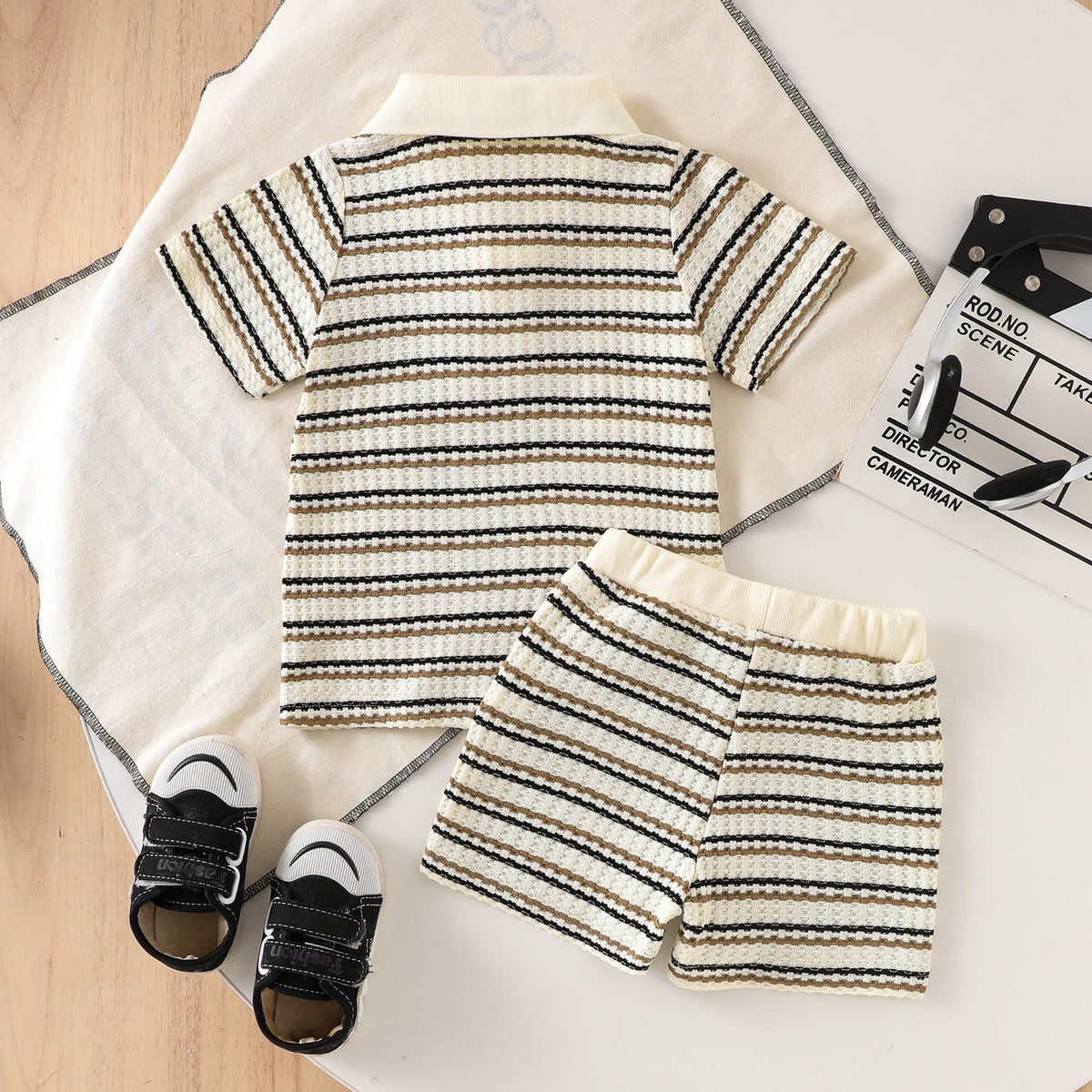 Boy Clothes Baby Striped Collared Shirt Shorts Beige Set