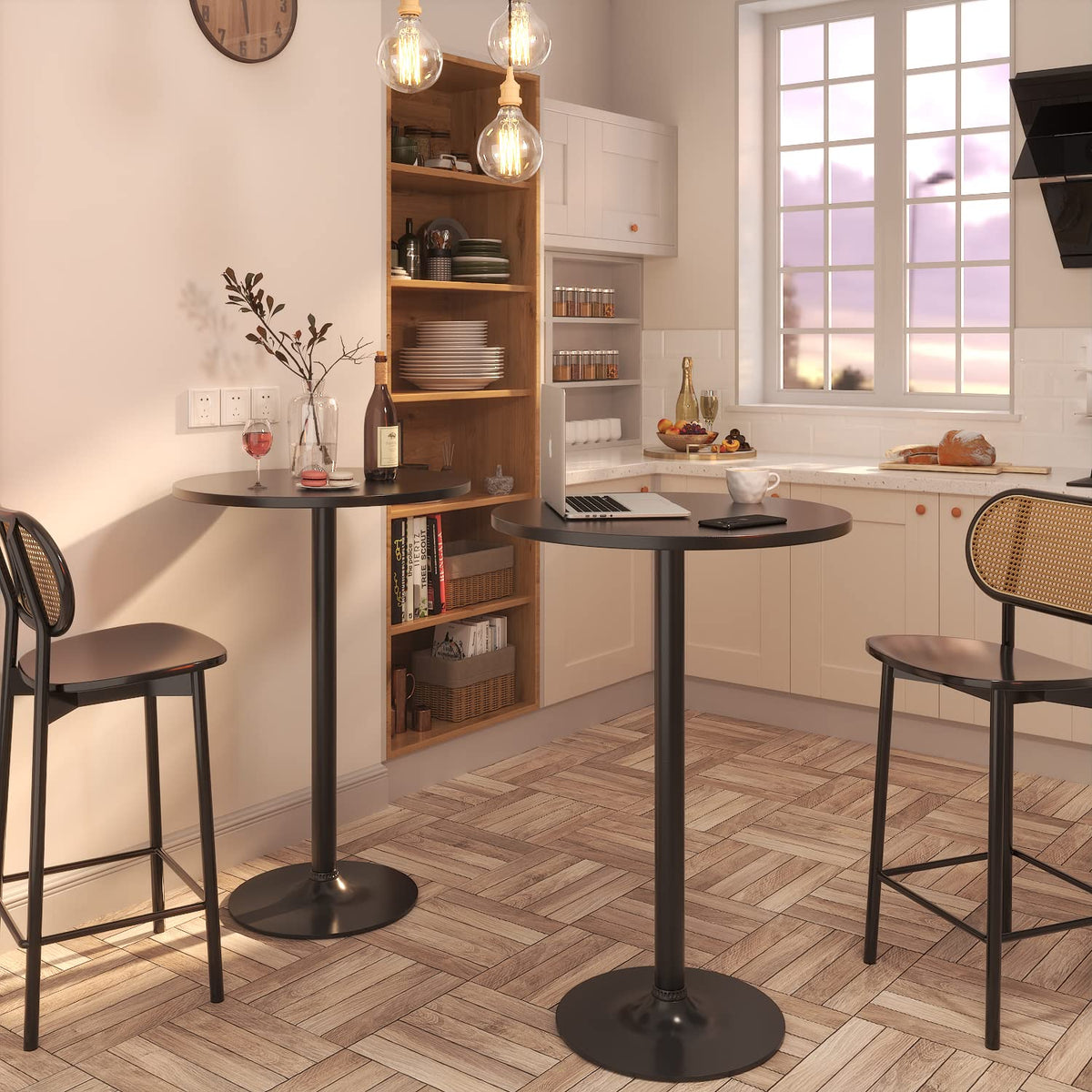 Bistro Pub Table 2 Pack Round Bar Height Cocktail Table Metal Base MDF Top Obsidian with Black Leg 23.8-Inch Top