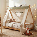 Twin Floor Bed for Kids, House Wood Bed Frame with Tent, Window, Fence Guard Rails, & Wooden Slat Support, No Box
