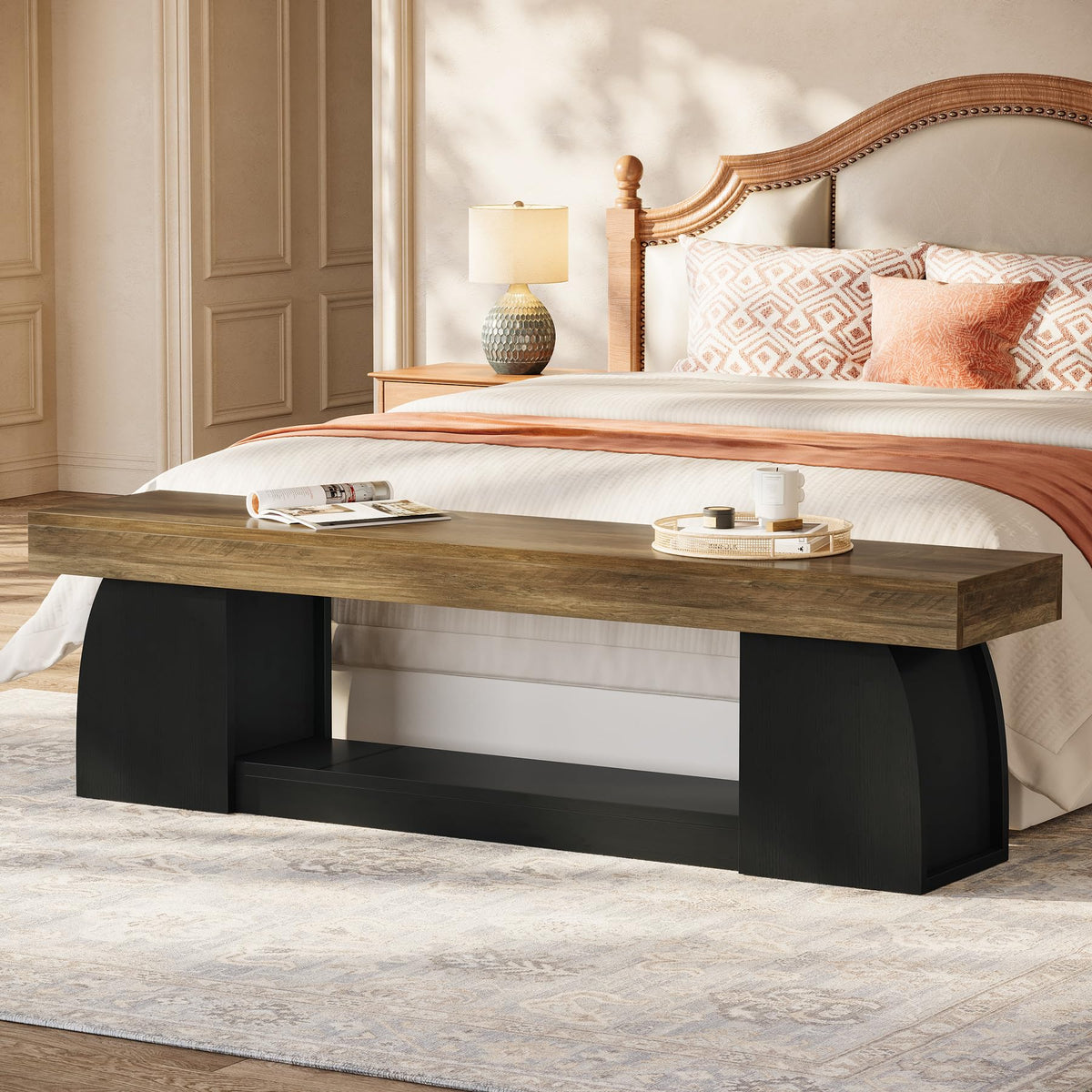 63" Entryway Bench with Storage, 2-Tier Farmhouse Long End of Bed Bench with Studry Frame, Narrow Wooden Indoor Shoe