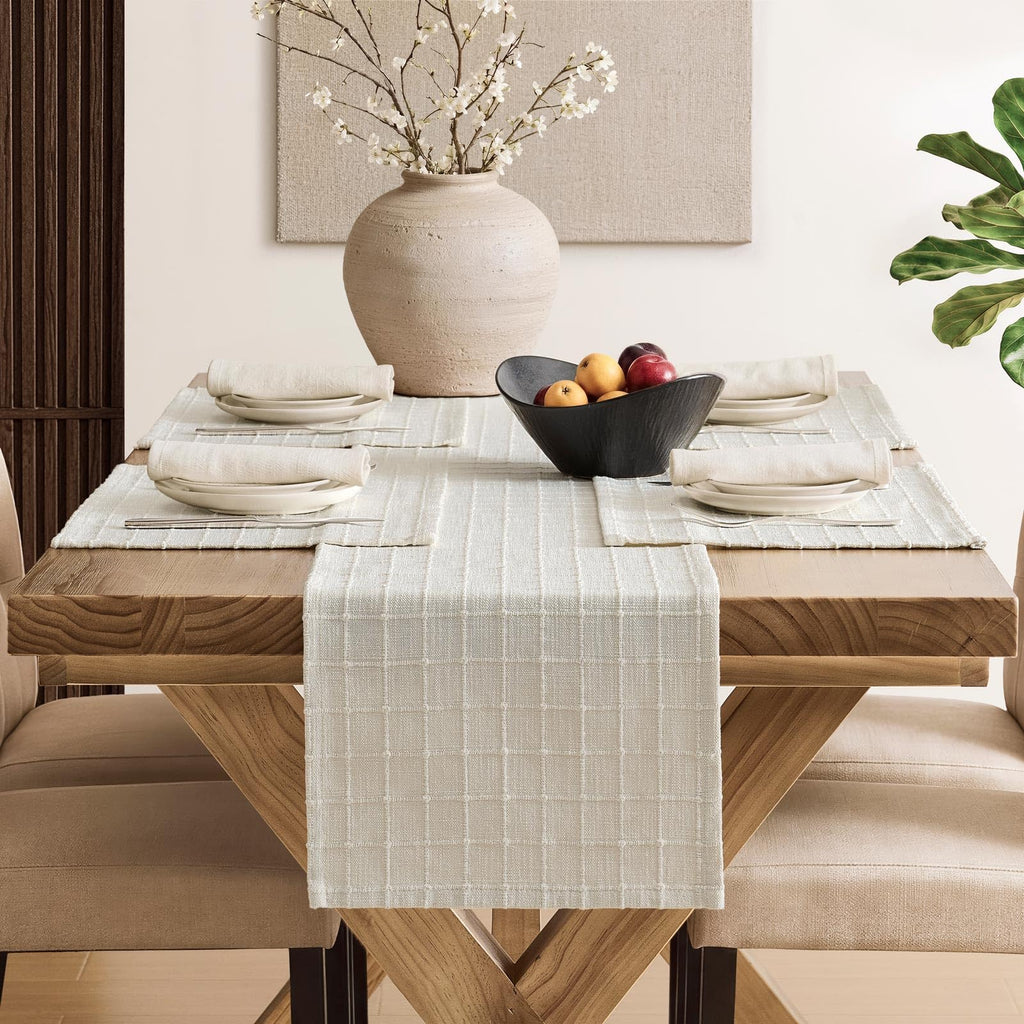 Artisanal Grid Decorative Linen Placemats Set of 4, Ivory