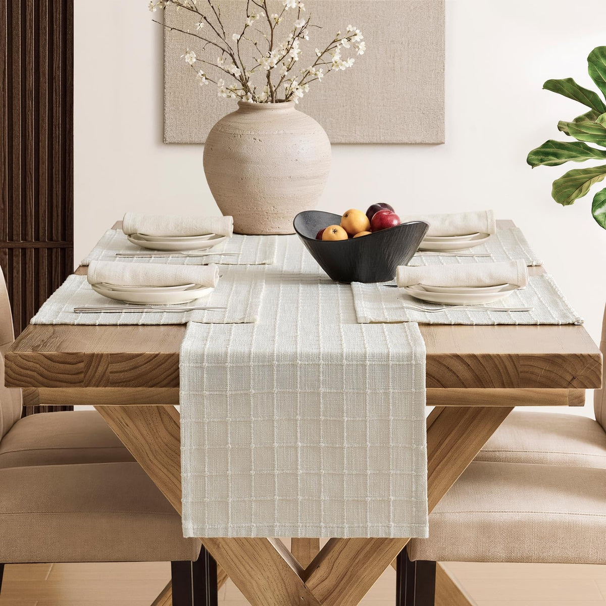 Artisanal Grid Decorative Linen Placemats Set of 6, Ivory