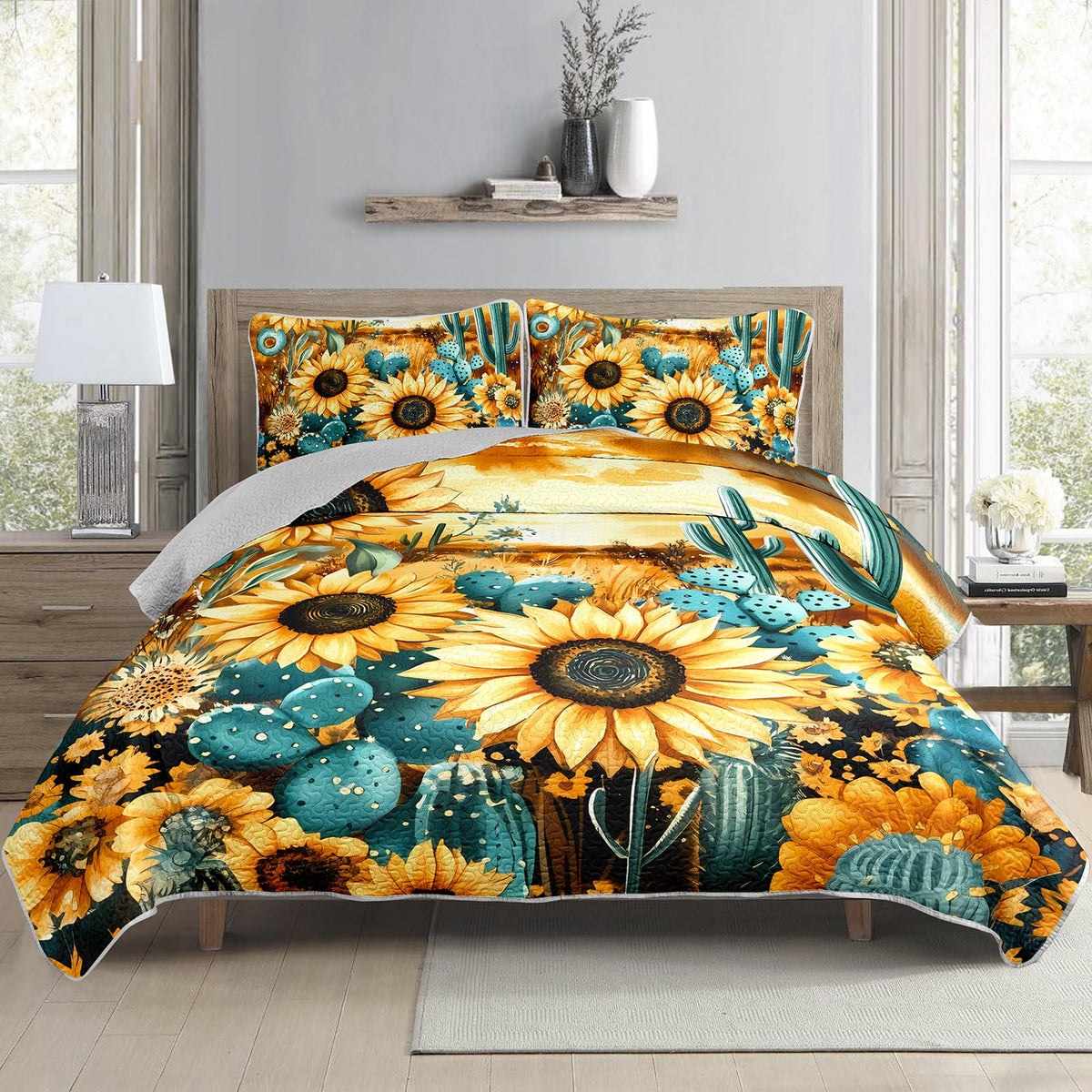 Sunfower Print Quilt Bedding Set, 3-Piece Western Cactus Flower Bedspread Coverlet, Sunset Theme Quilt, 2