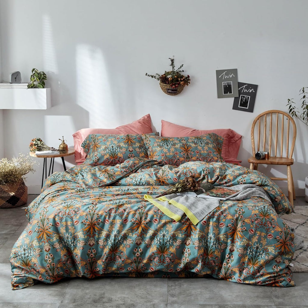 Vintage Style Boho Floral Duvet Cover Queen Percale Cotton Comforter Cover Medallion Paisley Print Bedding Set