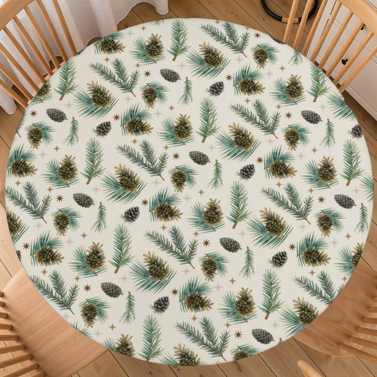 Christmas Round Fitted Tablecloth Best for 44"-48" Xmas Holly Pinecone Table Cloth Elastic Edge Waterproof Stain