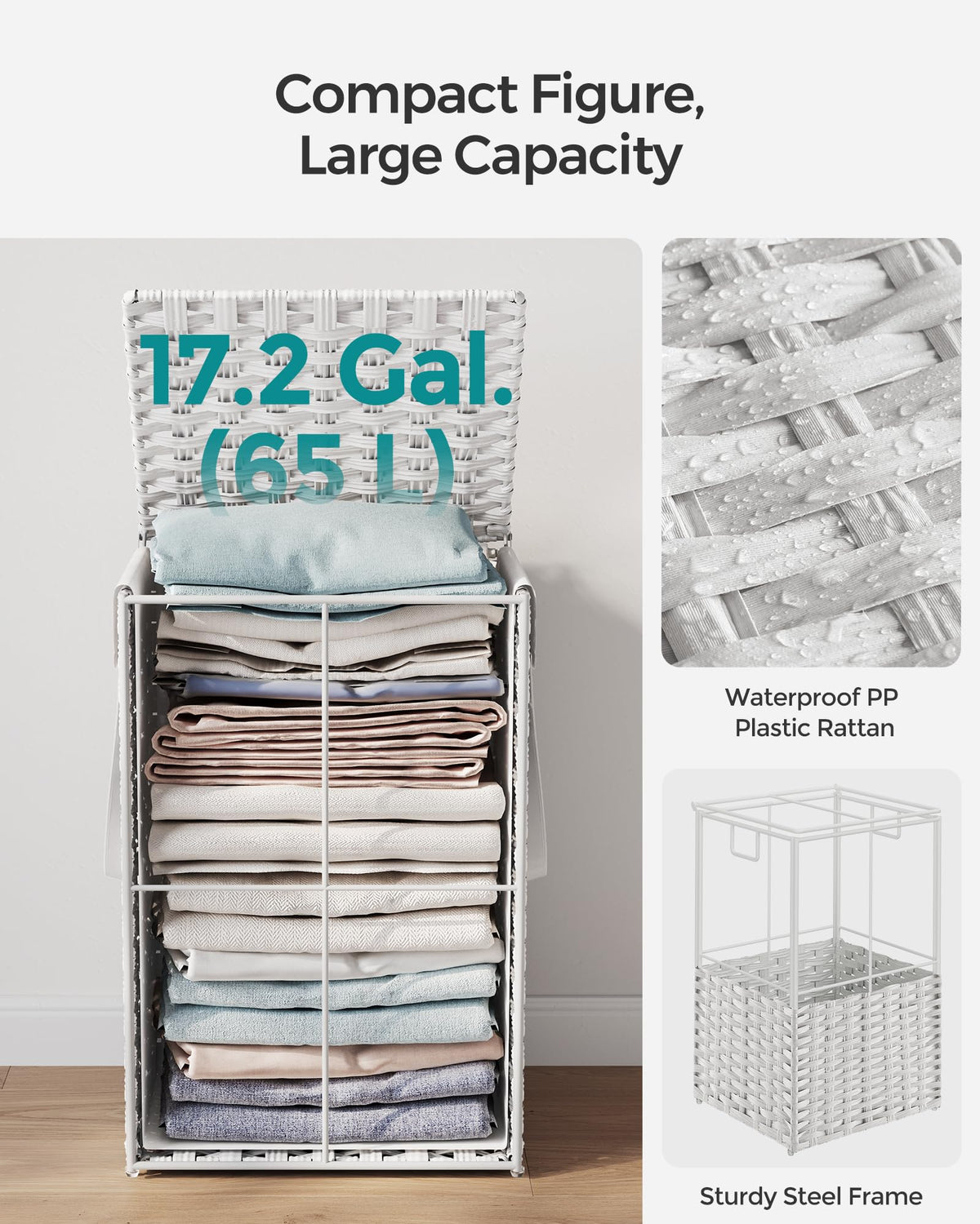 Laundry Hamper with Lid, 17.2 Gallon (65 L) Synthetic Rattan Clothes Laundry Basket with Lid and Handles, Foldable
