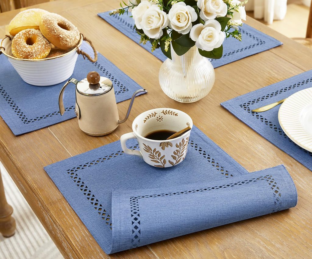 Farmhouse Burlap Place Mats, Blue Placemats Set of 6, 12 x 18 Inch