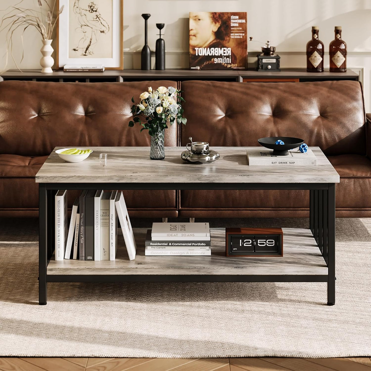Coffee Table with Slatted Sides Frame, Modern Farmhouse Living Room Table with 2-Tier Storage Shelf, 39 ...