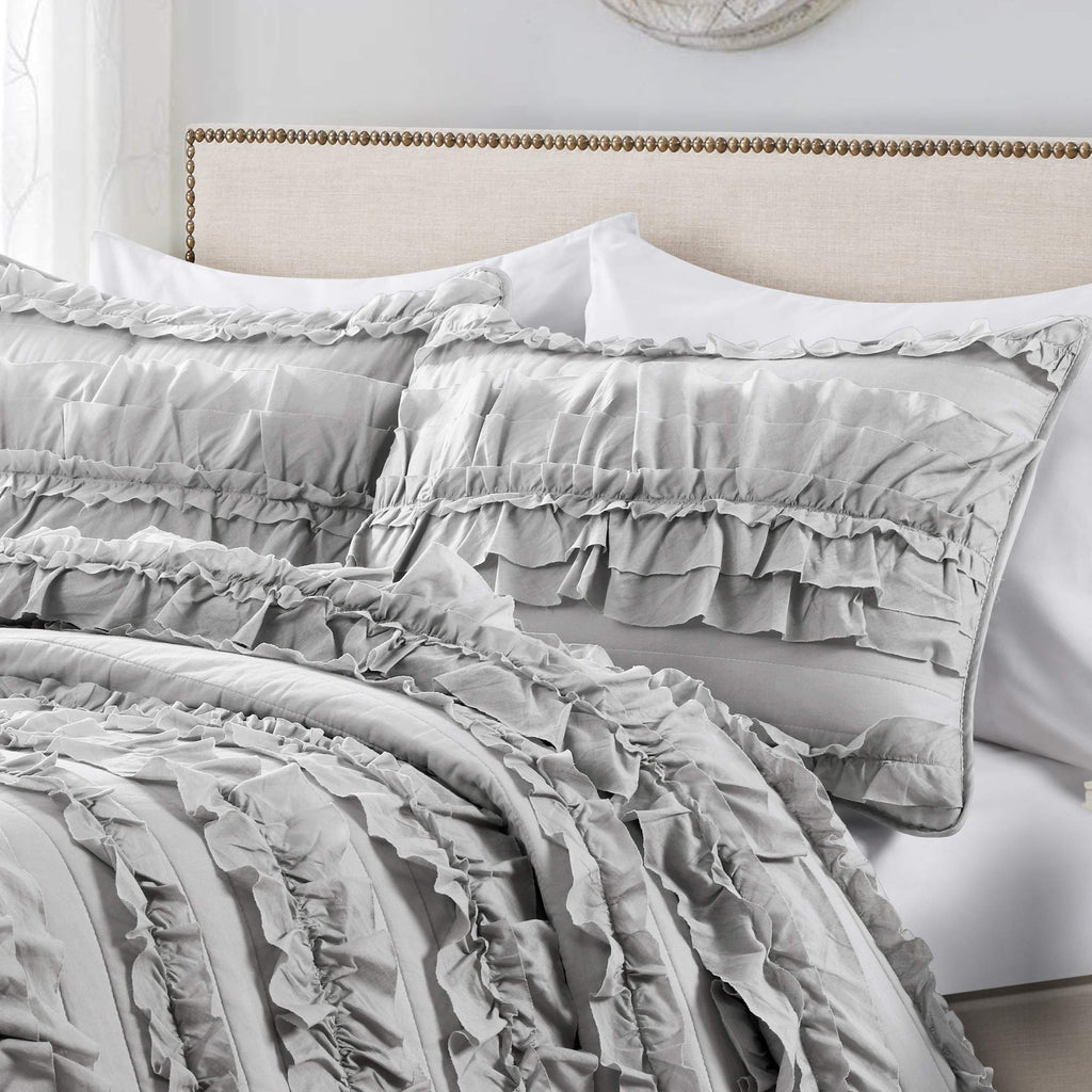 Belle Quilt 3 Piece Set Light Grey - Ruffle Bedding Set - Cute Quilt