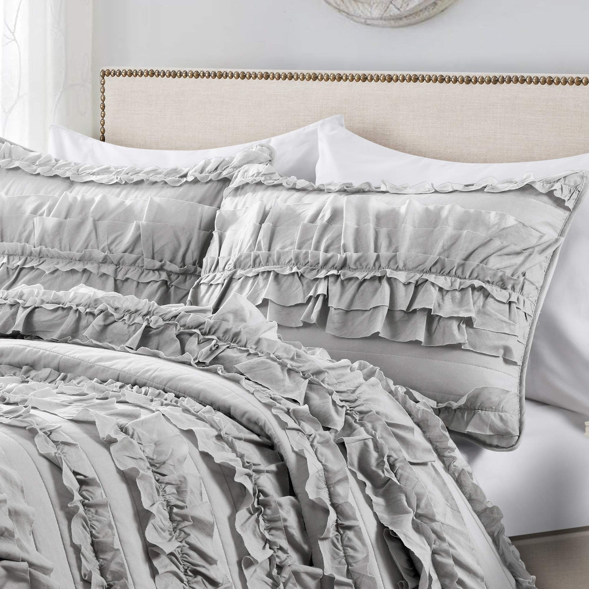 Belle Quilt 3 Piece Set Light Grey - Ruffle Bedding Set - Cute Quilt