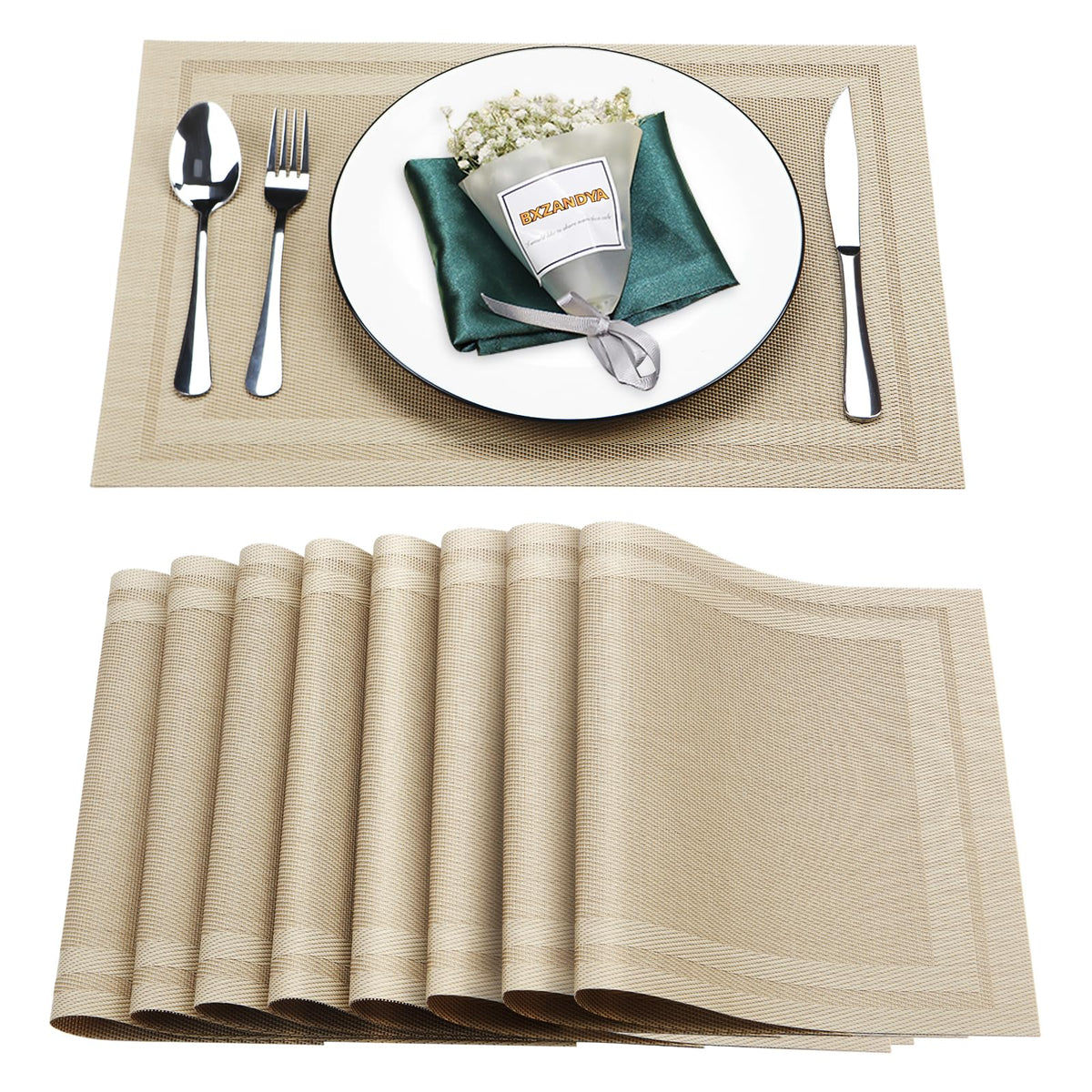 Beige Vinyl Placemats Set of 8,Washable Dining PVC Table Mats
