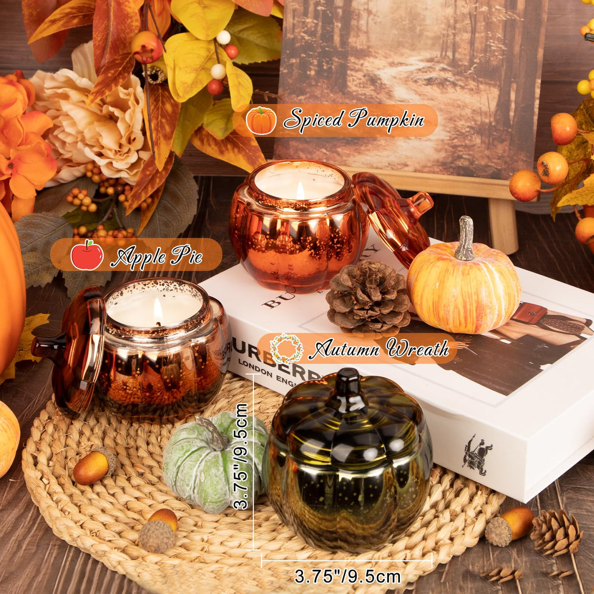 Fall Scented Candles Gift Set 3 Pack, 16.5oz Pumpkin Glass Jar Candle, Thanksgiving Aromatherapy Soy Wax Candles for