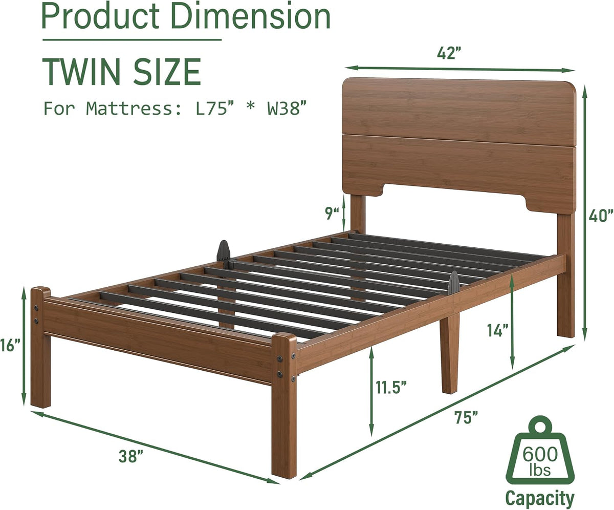 14in High Solid Bamboo Wood Platform Queen Bed Frame with Headboard, Reinforced Heavy Duty Metal Slats, Noise Free
