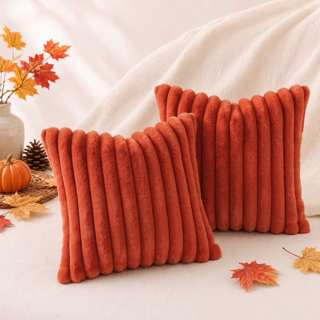 Faux Fur Fall Decorative Throw Pillow Covers 16x16 Set of 2, Rust