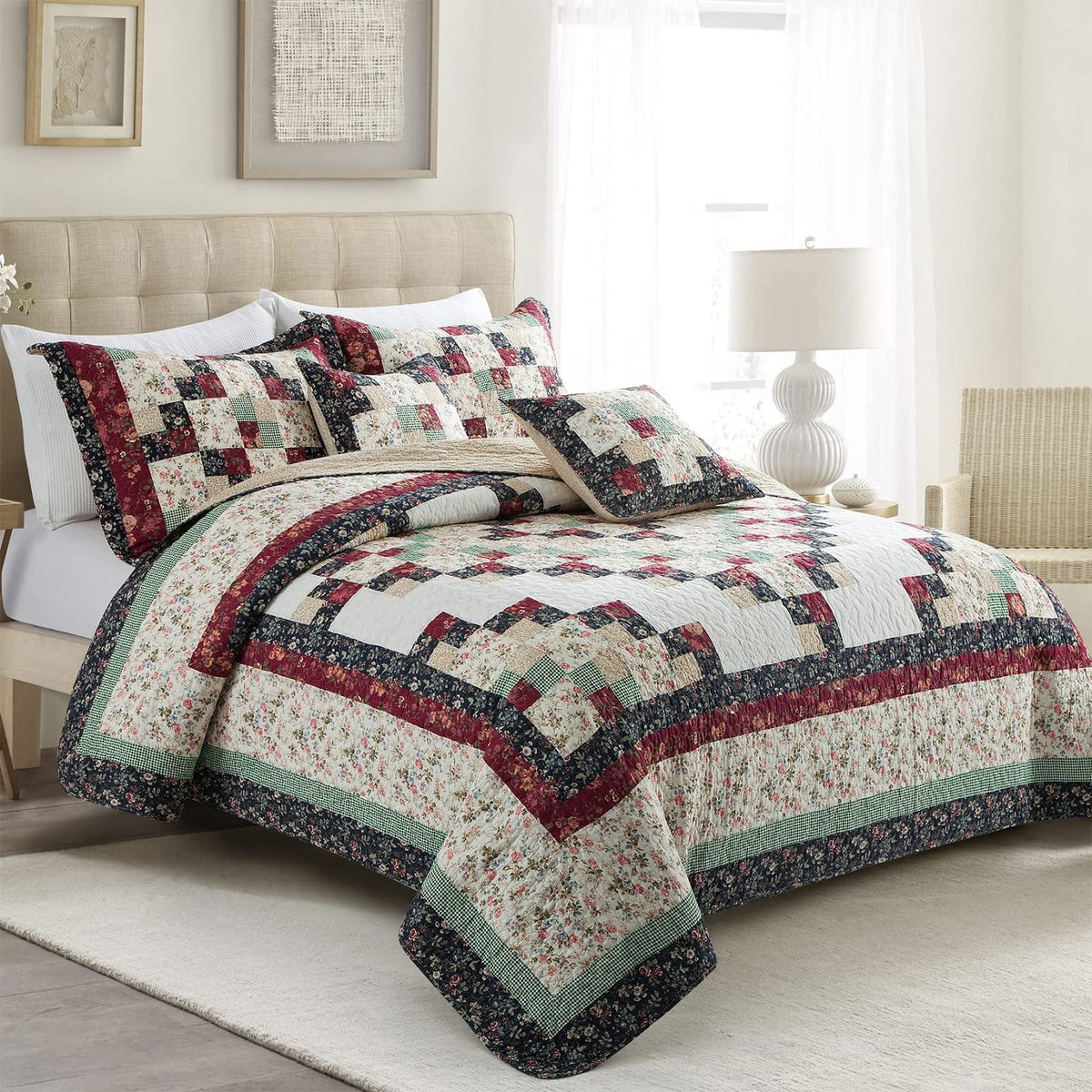 Patchwork Quilt Bedding Set 100% Cotton Farmhouse Coverlet Bedspread Soft Lightweight Comforter with