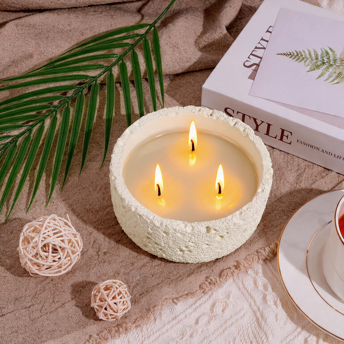20oz Large Citronella Candles Outdoor, 3 Wick Decorative Candle, Non Toxic Soy Candles for Women, Matte Ivory Ceramic