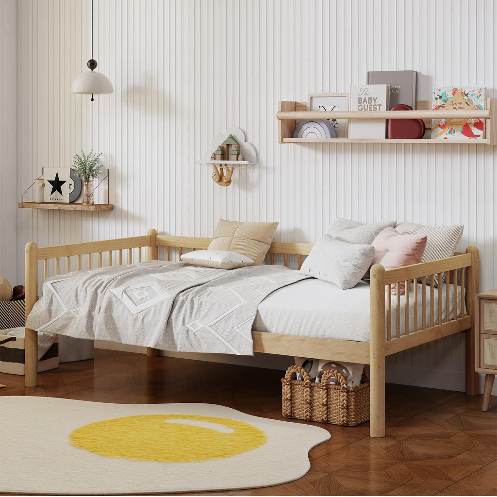 Twin Daybed with 3-Side Guardrails and Wood Frame, Natural