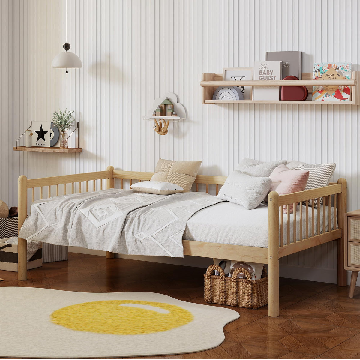 Twin Daybed with 3-Side Guardrails and Wood Frame, Natural