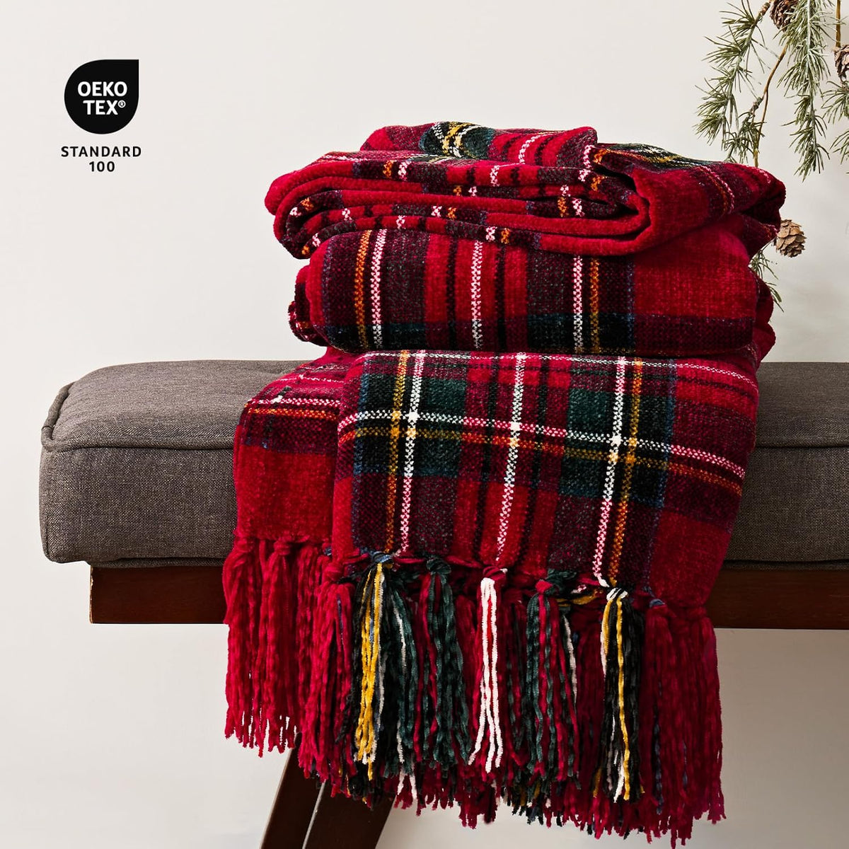 Chenille Christmas Throw Blanket, 50"x60", Red Stewart Plaid