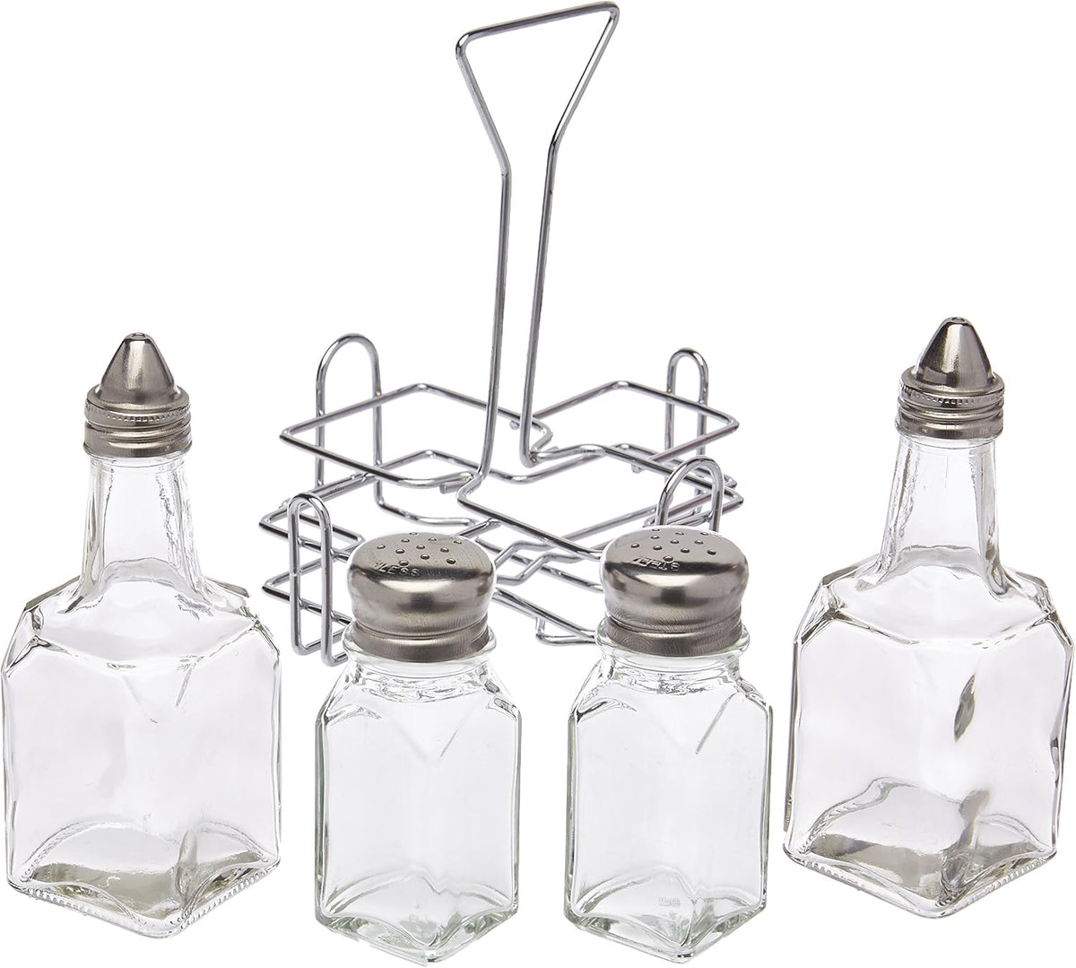 Glass Salt and Pepper Shaker Set with Holder and Oil and Vinegar Cruets, Stainless Steel Gold Plated Top - Set of 4