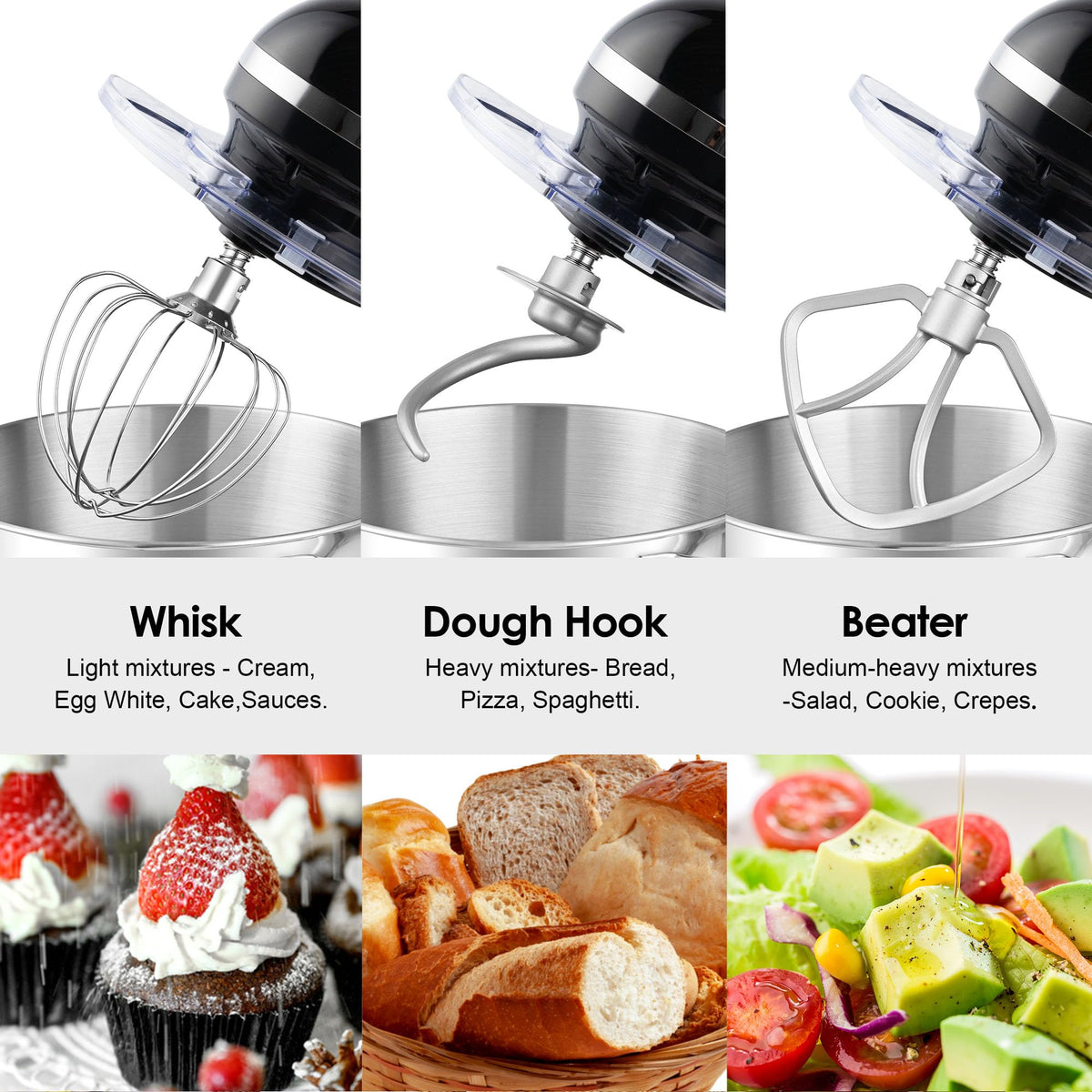 Stand Mixer,6.5-QT 660W 6-Speed Tilt-Head Food Mixer, Kitchen Electric Mixer with Dough Hook, Wire Whip & Beater