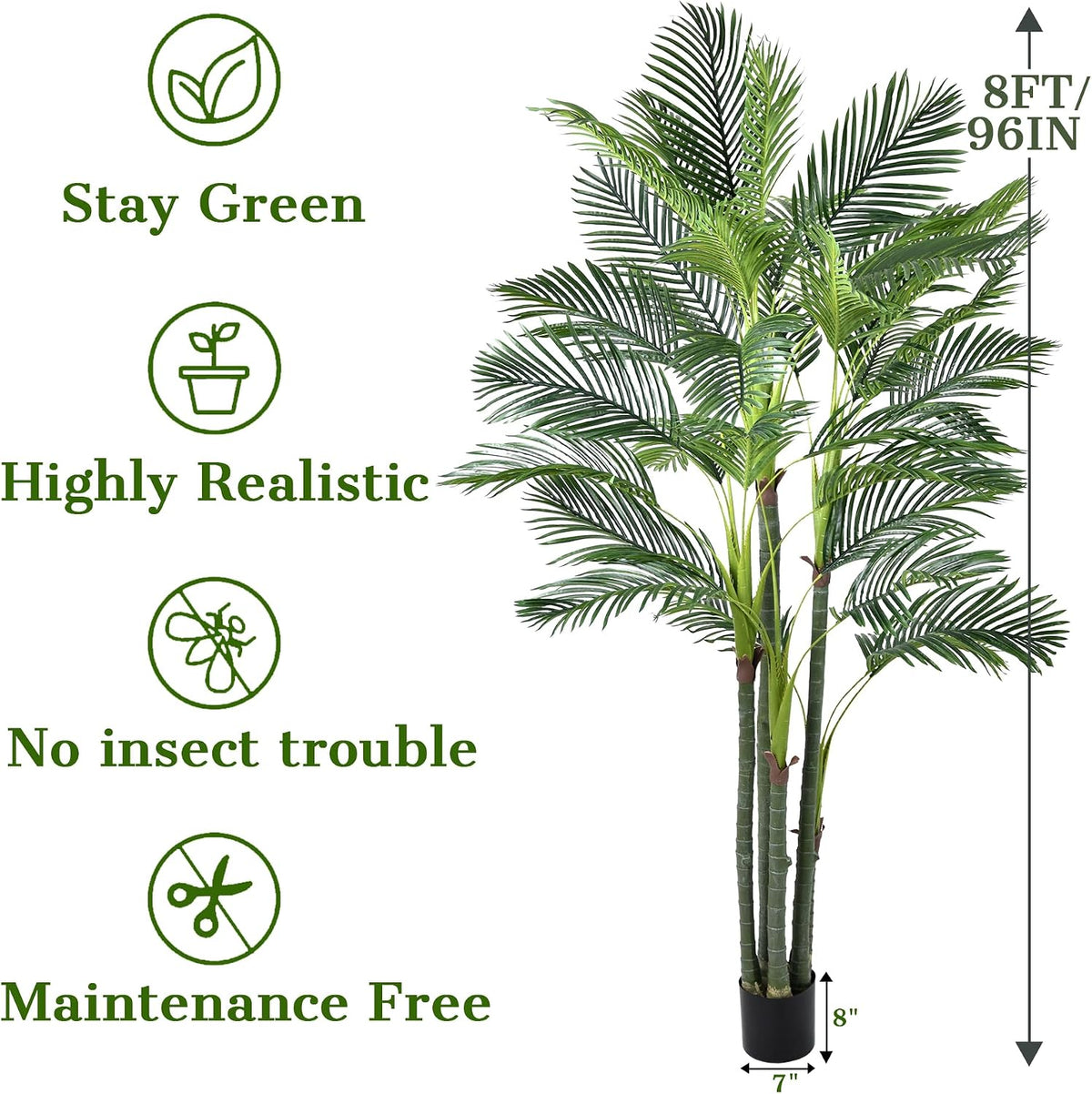 Palm Tree 8FT, Tall Palm Trees with Realistic Trunk & Lush Fronds, Large Fake Tropical Tree for Poolside, Patio