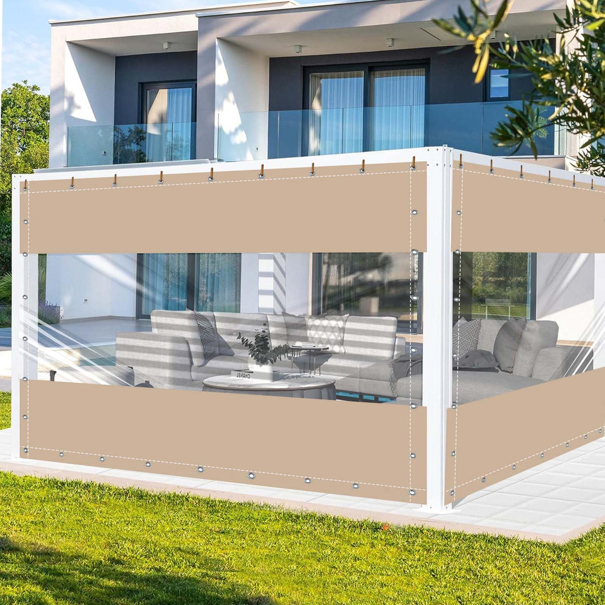 8'Hx15'W Outdoor Vinyl Curtain, 19oz Clear PVC Patio Tarps, Beige