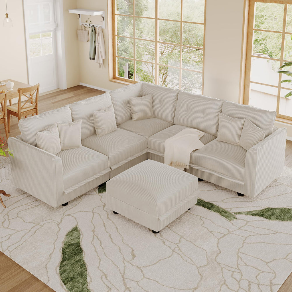 Sectional Sofa Modular Cloud Couch with 6 Storage Seats & 6 Throw Pillows, Corduroy U Shaped Couches, Rearrangable