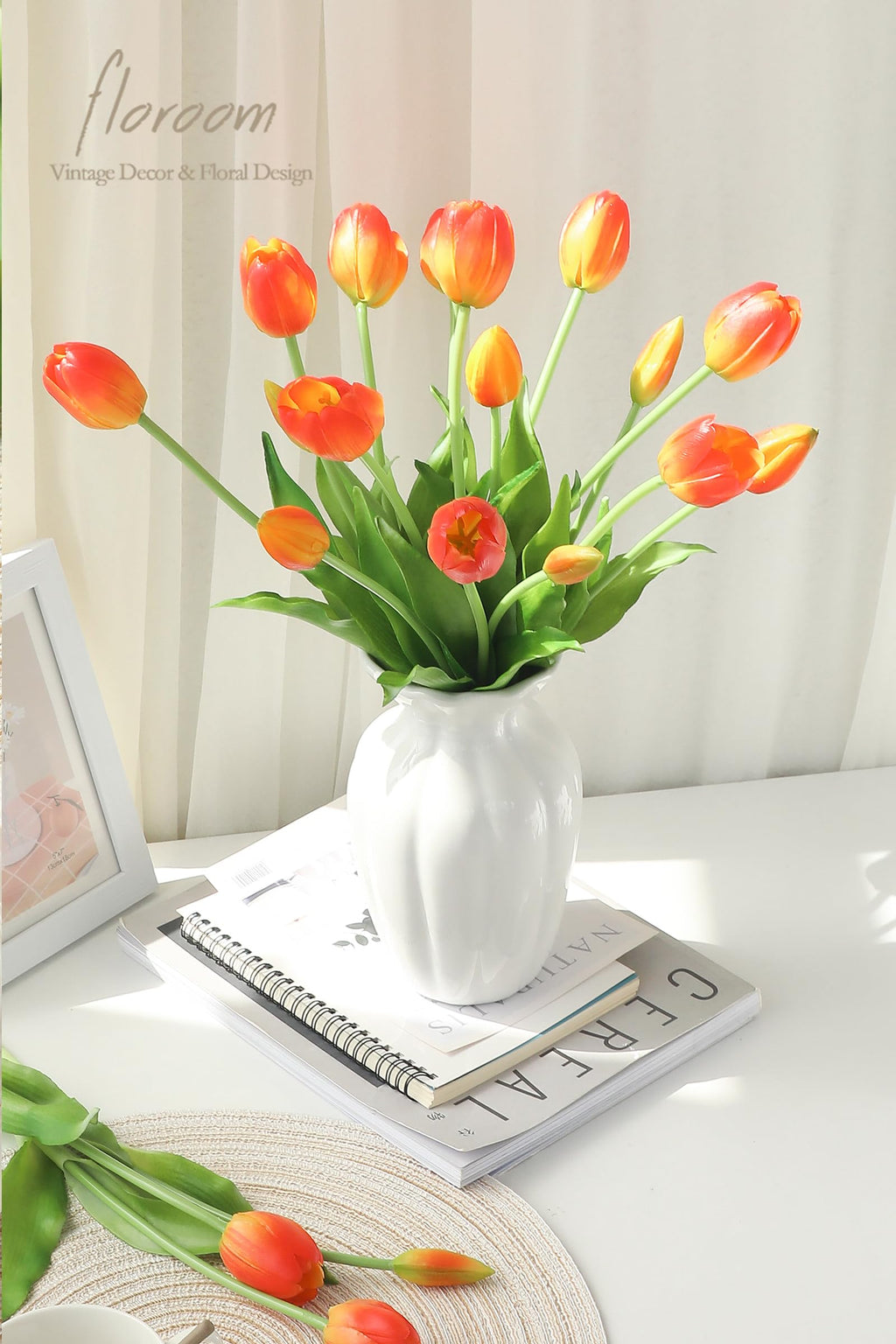 15 Pcs Burnt Orange Artificial Tulips, Real Touch Latex Faux Bouquet with Buds, Lifelike Floral Stems, Fake Flowers